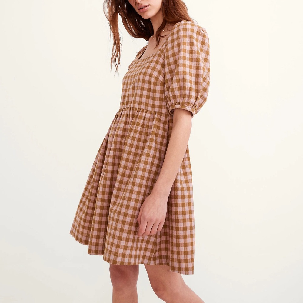 Madewell Square-Neck Puff-Sleeve Dress in Gingham Seersucker